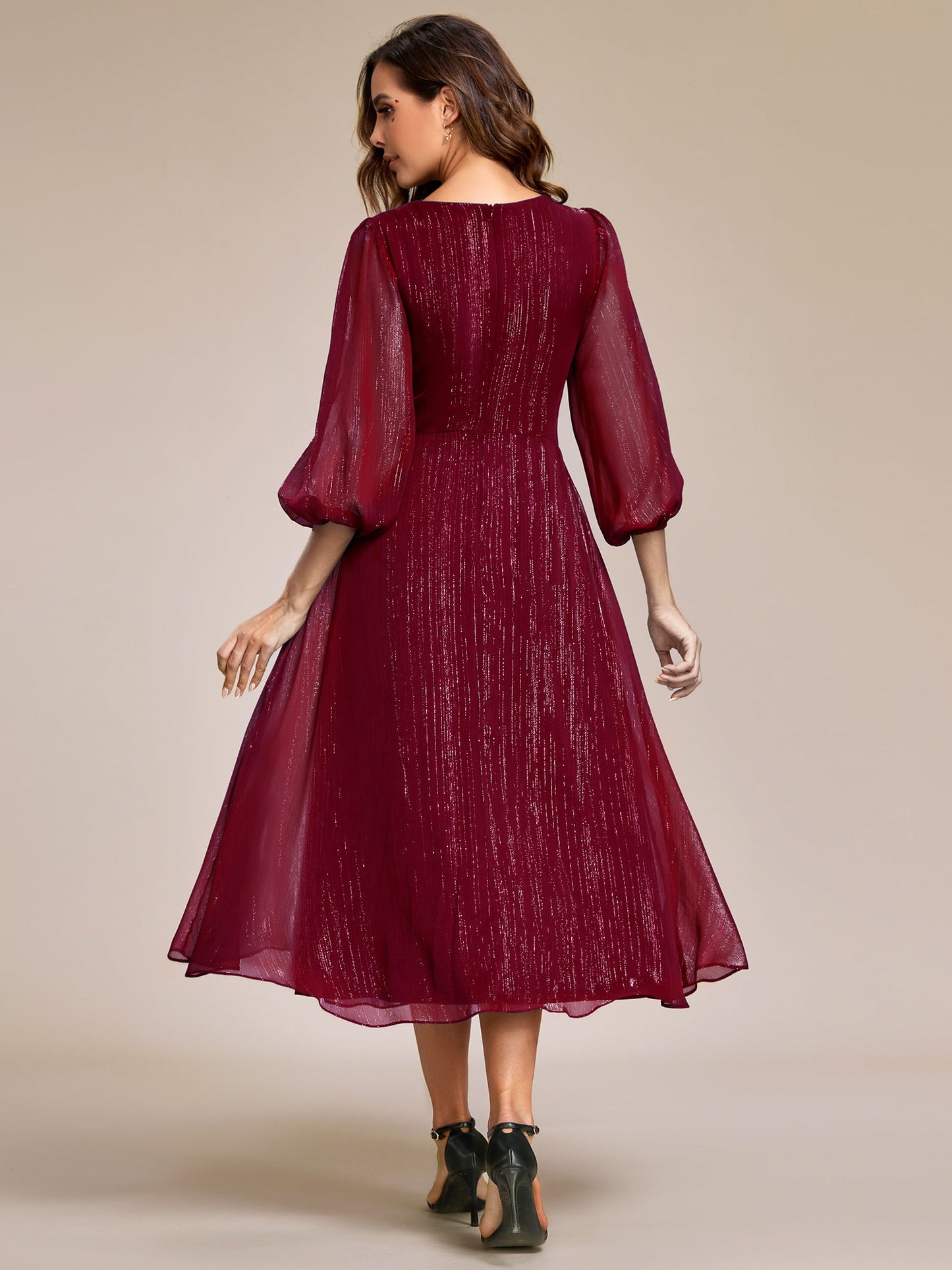ever EMBER|See-Through Long Sleeve Twist Knot A-Line Lotus Leaf Shimmering Evening Dress