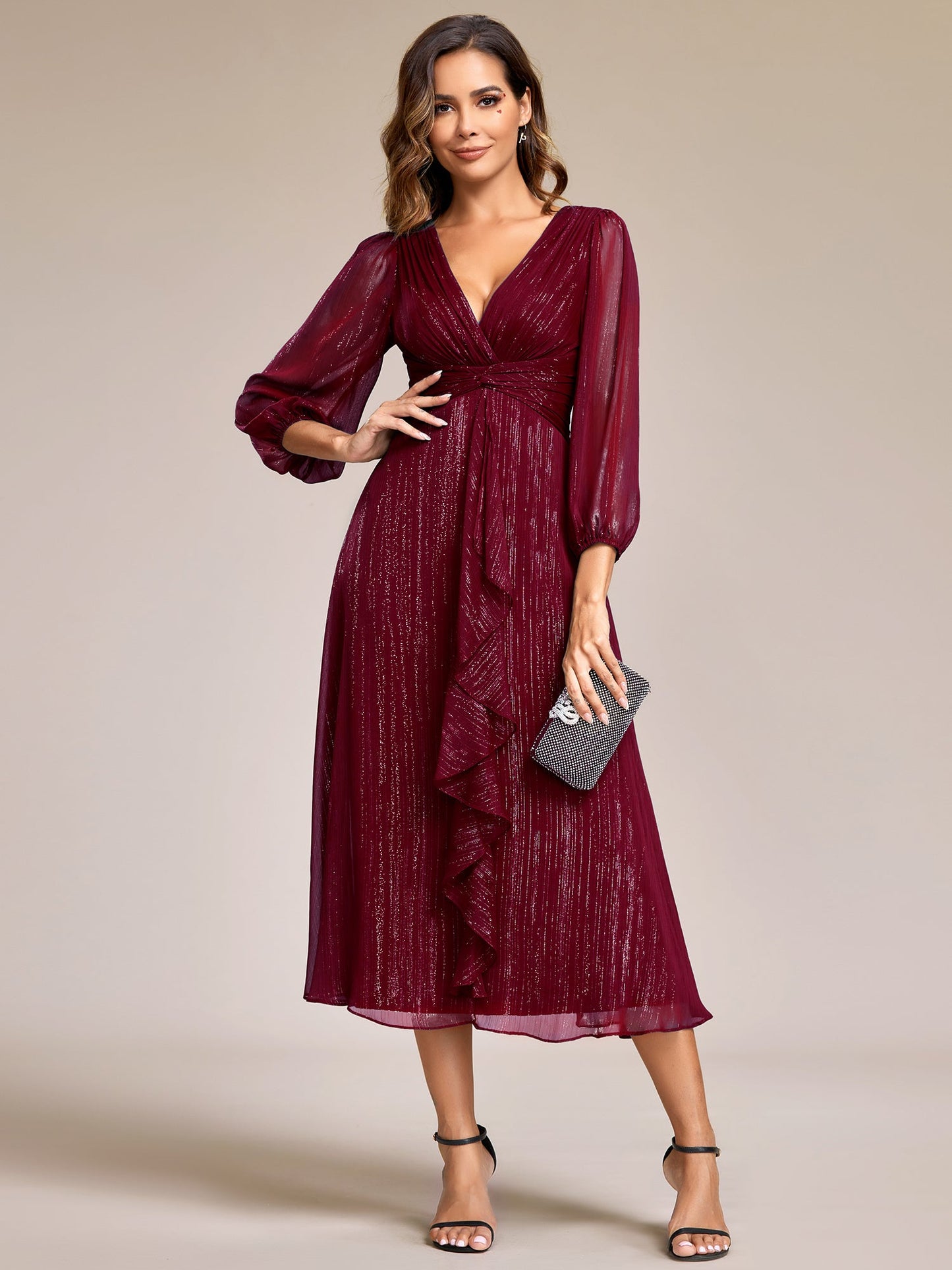 ever EMBER|Glitter Twist Knot See-Through Long Sleeve Wedding Guest Dress