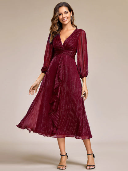 ever EMBER|See-Through Long Sleeve Twist Knot A-Line Lotus Leaf Shimmering Evening Dress