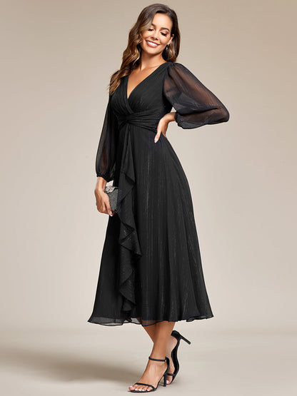 ever EMBER|See-Through Long Sleeve Twist Knot A-Line Lotus Leaf Shimmering Evening Dress