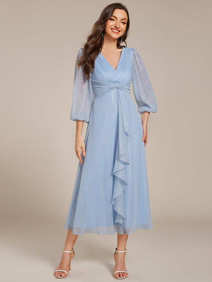 ever EMBER|See-Through Long Sleeve Twist Knot A-Line Lotus Leaf Shimmering Evening Dress