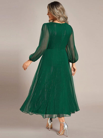 ever EMBER|See-Through Long Sleeve Twist Knot A-Line Lotus Leaf Shimmering Evening Dress