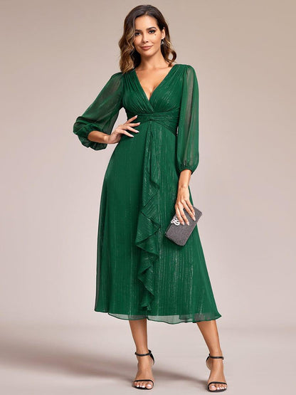 ever EMBER|See-Through Long Sleeve Twist Knot A-Line Lotus Leaf Shimmering Evening Dress