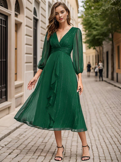 ever EMBER|See-Through Long Sleeve Twist Knot A-Line Lotus Leaf Shimmering Evening Dress