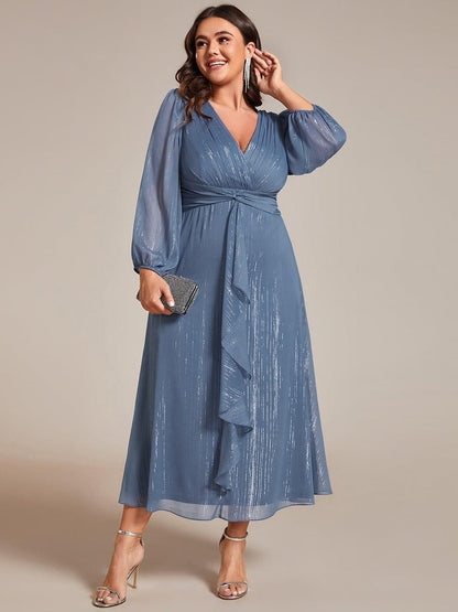 ever EMBER|See-Through Long Sleeve Twist Knot A-Line Lotus Leaf Shimmering Evening Dress