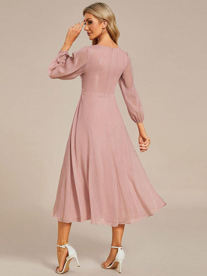 ever EMBER|See-Through Long Sleeve Twist Knot A-Line Lotus Leaf Shimmering Evening Dress