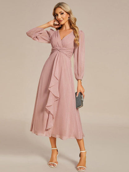 ever EMBER|Glitter Twist Knot See-Through Long Sleeve Wedding Guest Dress