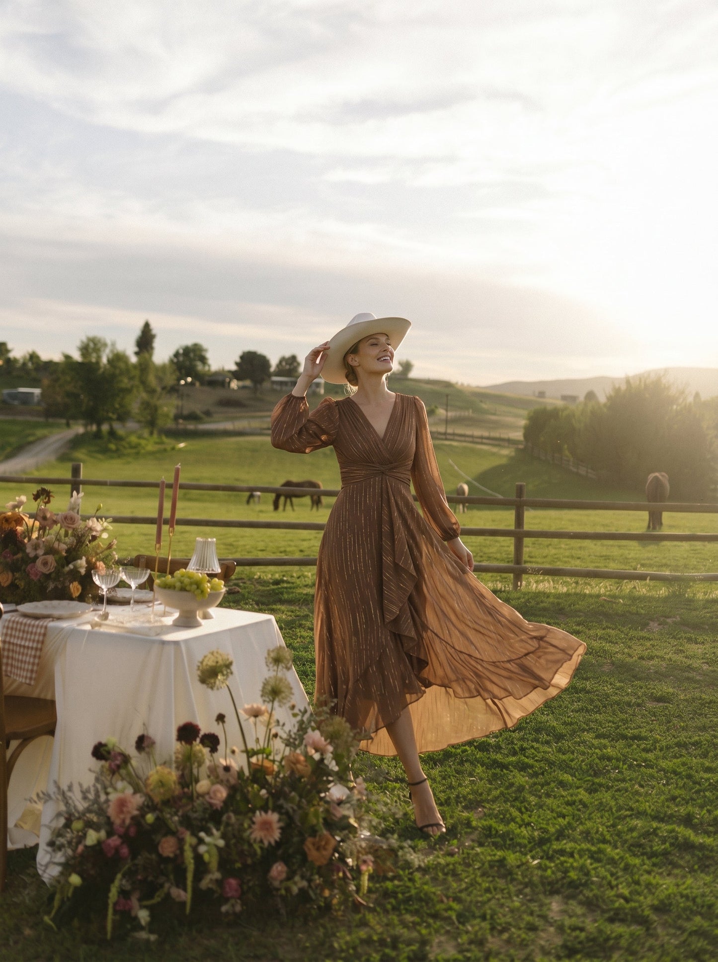 ever EMBER|See-Through Long Sleeve Twist Knot A-Line Lotus Leaf Shimmering Evening Dress