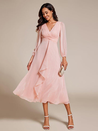 ever EMBER|See-Through Long Sleeve Twist Knot A-Line Lotus Leaf Shimmering Evening Dress