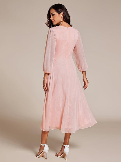 ever EMBER|See-Through Long Sleeve Twist Knot A-Line Lotus Leaf Shimmering Evening Dress