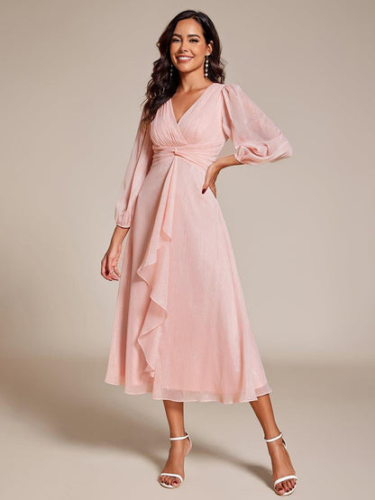 ever EMBER|See-Through Long Sleeve Twist Knot A-Line Lotus Leaf Shimmering Evening Dress