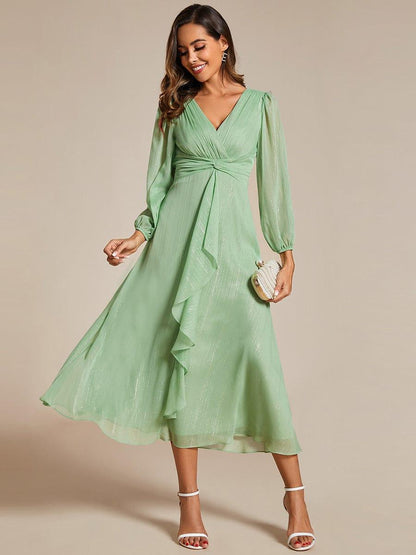 ever EMBER|Glitter Twist Knot See-Through Long Sleeve Wedding Guest Dress