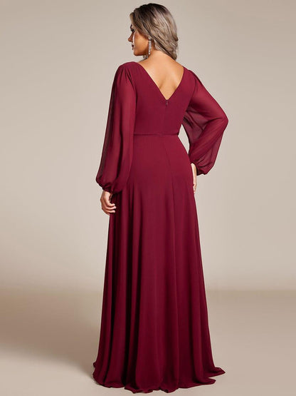 ever ESMÉE|Pleated Double V-Neck Long Sleeves Shiny Belt Chiffon Evening Dress