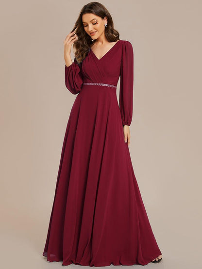 ever ESMÉE|V-Neck Long Sleeves Shiny Belt Chiffon Mother of the Bride Dress