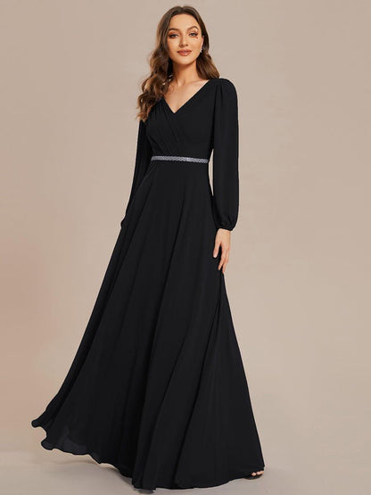 ever ESMÉE|V-Neck Long Sleeves Shiny Belt Chiffon Mother of the Bride Dress