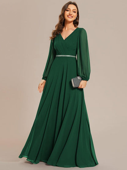 ever ESMÉE|V-Neck Long Sleeves Shiny Belt Chiffon Mother of the Bride Dress