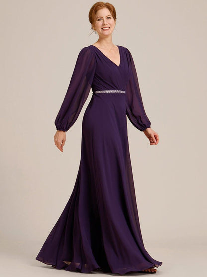 ever ESMÉE|V-Neck Long Sleeves Shiny Belt Chiffon Mother of the Bride Dress