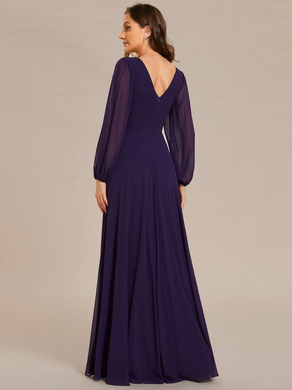 ever ESMÉE|Pleated Double V-Neck Long Sleeves Shiny Belt Chiffon Evening Dress