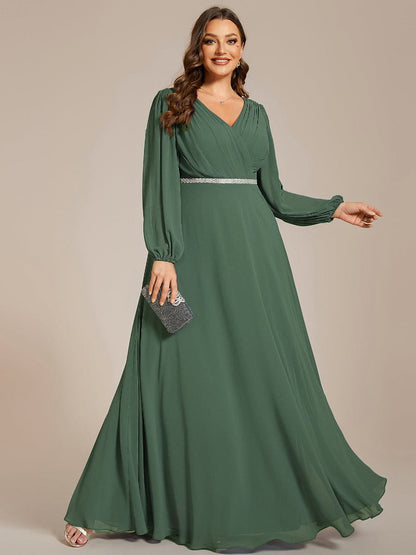 ever ESMÉE|Pleated Double V-Neck Long Sleeves Shiny Belt Chiffon Evening Dress