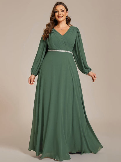 ever ESMÉE|V-Neck Long Sleeves Shiny Belt Chiffon Mother of the Bride Dress