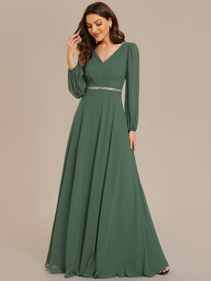 ever ESMÉE|V-Neck Long Sleeves Shiny Belt Chiffon Mother of the Bride Dress