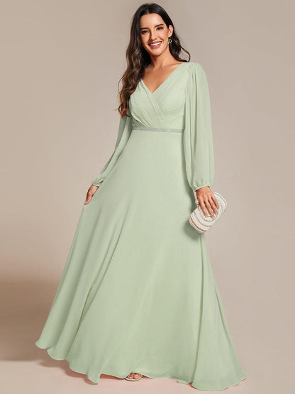 ever ESMÉE|Pleated Double V-Neck Long Sleeves Shiny Belt Chiffon Evening Dress