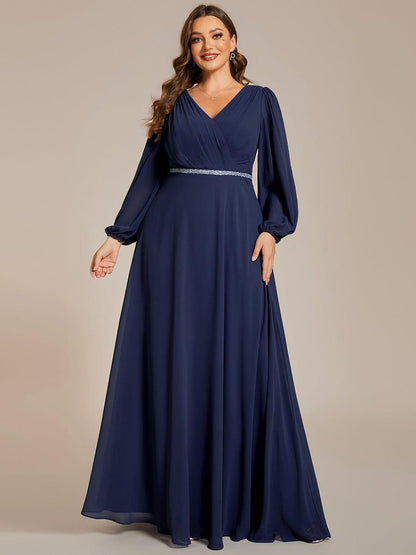 ever ESMÉE|V-Neck Long Sleeves Shiny Belt Chiffon Mother of the Bride Dress