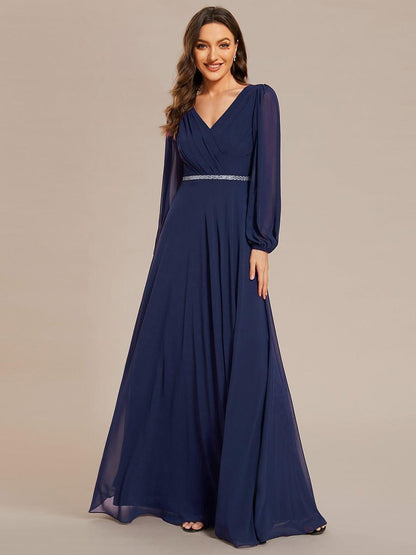 ever ESMÉE|V-Neck Long Sleeves Shiny Belt Chiffon Mother of the Bride Dress