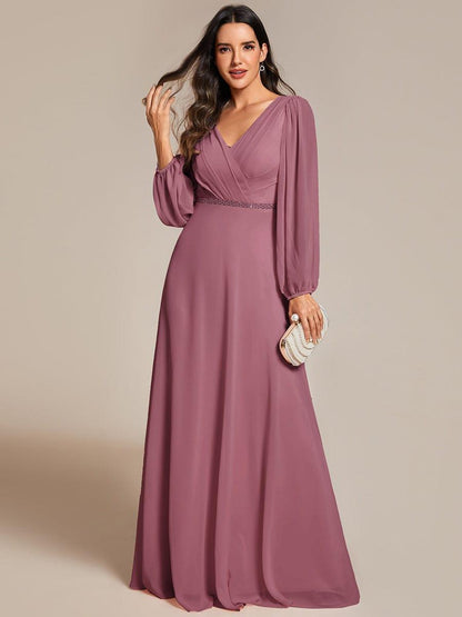 ever ESMÉE|Pleated Double V-Neck Long Sleeves Shiny Belt Chiffon Evening Dress