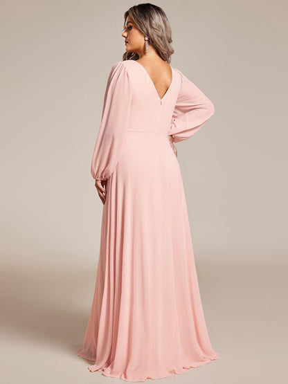 ever ESMÉE|Pleated Double V-Neck Long Sleeves Shiny Belt Chiffon Evening Dress