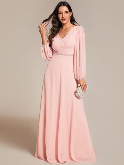 ever ESMÉE|V-Neck Long Sleeves Shiny Belt Chiffon Mother of the Bride Dress