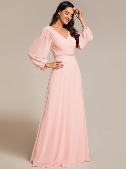 ever ESMÉE|V-Neck Long Sleeves Shiny Belt Chiffon Mother of the Bride Dress