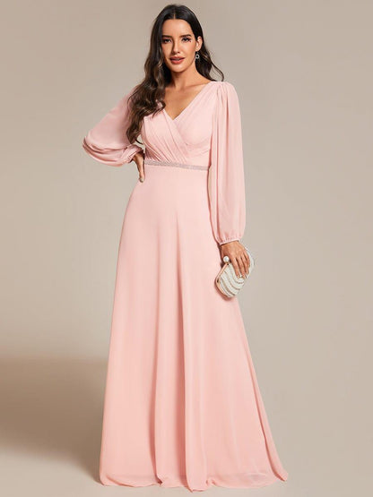 ever ESMÉE|V-Neck Long Sleeves Shiny Belt Chiffon Mother of the Bride Dress