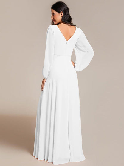 ever ESMÉE|Pleated Double V-Neck Long Sleeves Shiny Belt Chiffon Evening Dress