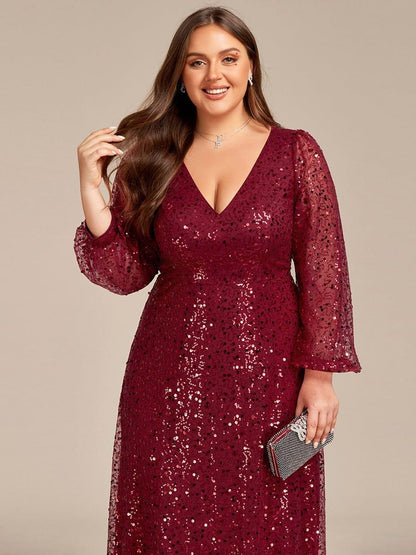 ever RAYVEN|Shimmering All Over V-Neck Long Lantern Sleeve Sequin A-Line Evening Dress