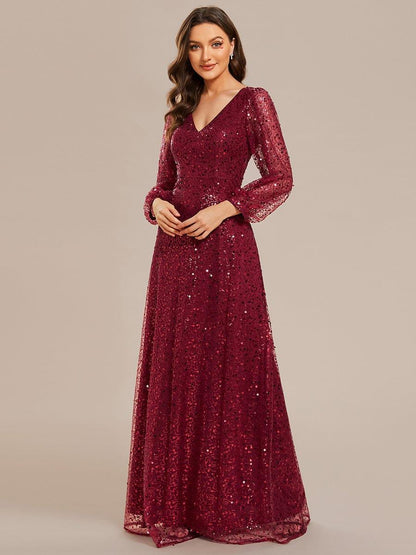 ever RAYVEN|Shimmering All Over V-Neck Long Lantern Sleeve Sequin A-Line Evening Dress