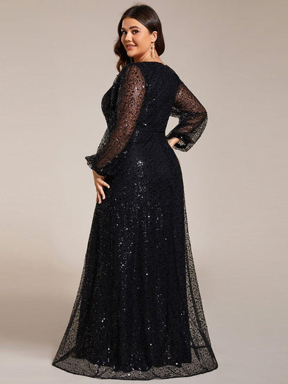 ever RAYVEN|Shimmering All Over V-Neck Long Lantern Sleeve Sequin A-Line Evening Dress