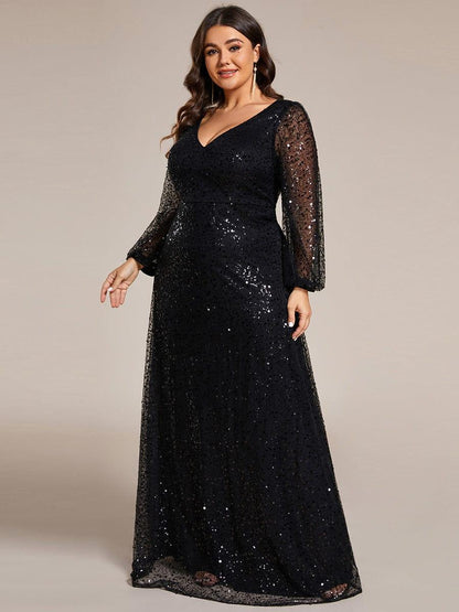 pretty RAYVEN|Plus Size V-Neck Lantern Long Sleeve Sequin A-Line Evening Dress