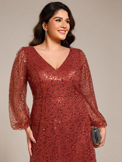 ever RAYVEN|Shimmering All Over V-Neck Long Lantern Sleeve Sequin A-Line Evening Dress