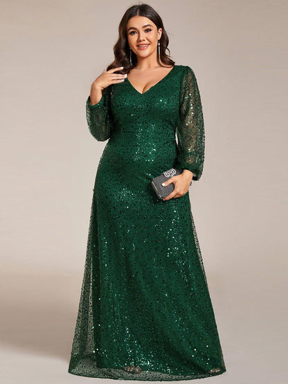 ever RAYVEN|Shimmering All Over V-Neck Long Lantern Sleeve Sequin A-Line Evening Dress