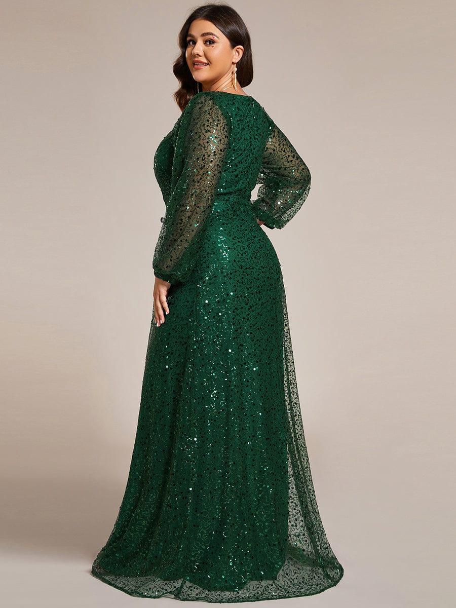 ever RAYVEN|Shimmering All Over V-Neck Long Lantern Sleeve Sequin A-Line Evening Dress