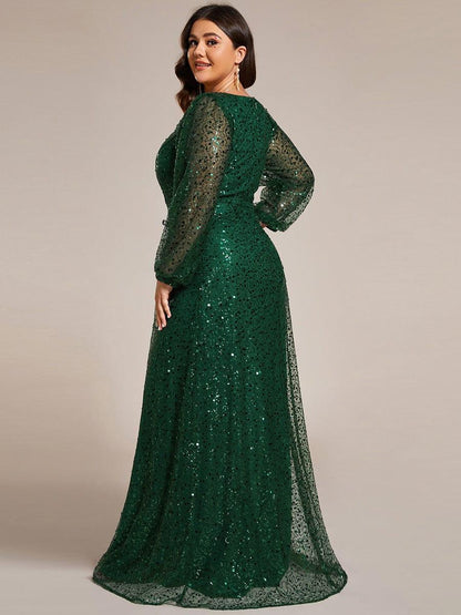 ever RAYVEN|Shimmering All Over V-Neck Long Lantern Sleeve Sequin A-Line Evening Dress