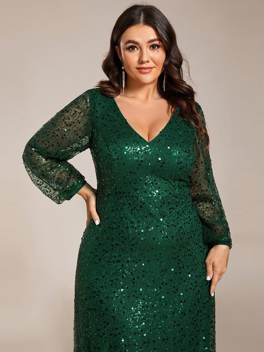 ever RAYVEN|Shimmering All Over V-Neck Long Lantern Sleeve Sequin A-Line Evening Dress