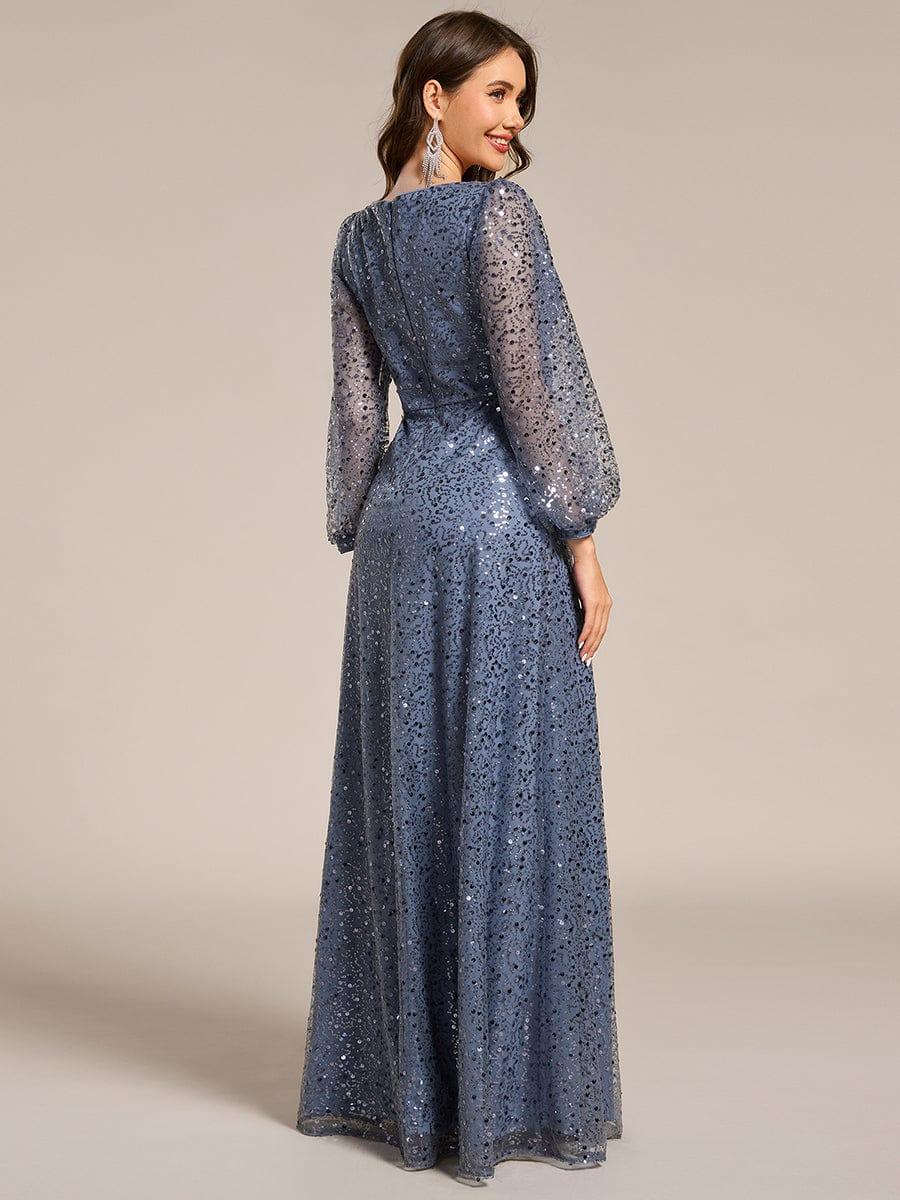 ever RAYVEN|Shimmering All Over V-Neck Long Lantern Sleeve Sequin A-Line Evening Dress