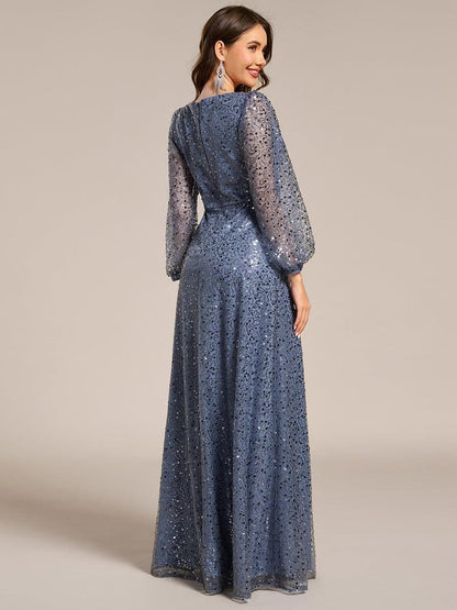 ever RAYVEN|Shimmering All Over V-Neck Long Lantern Sleeve Sequin A-Line Evening Dress