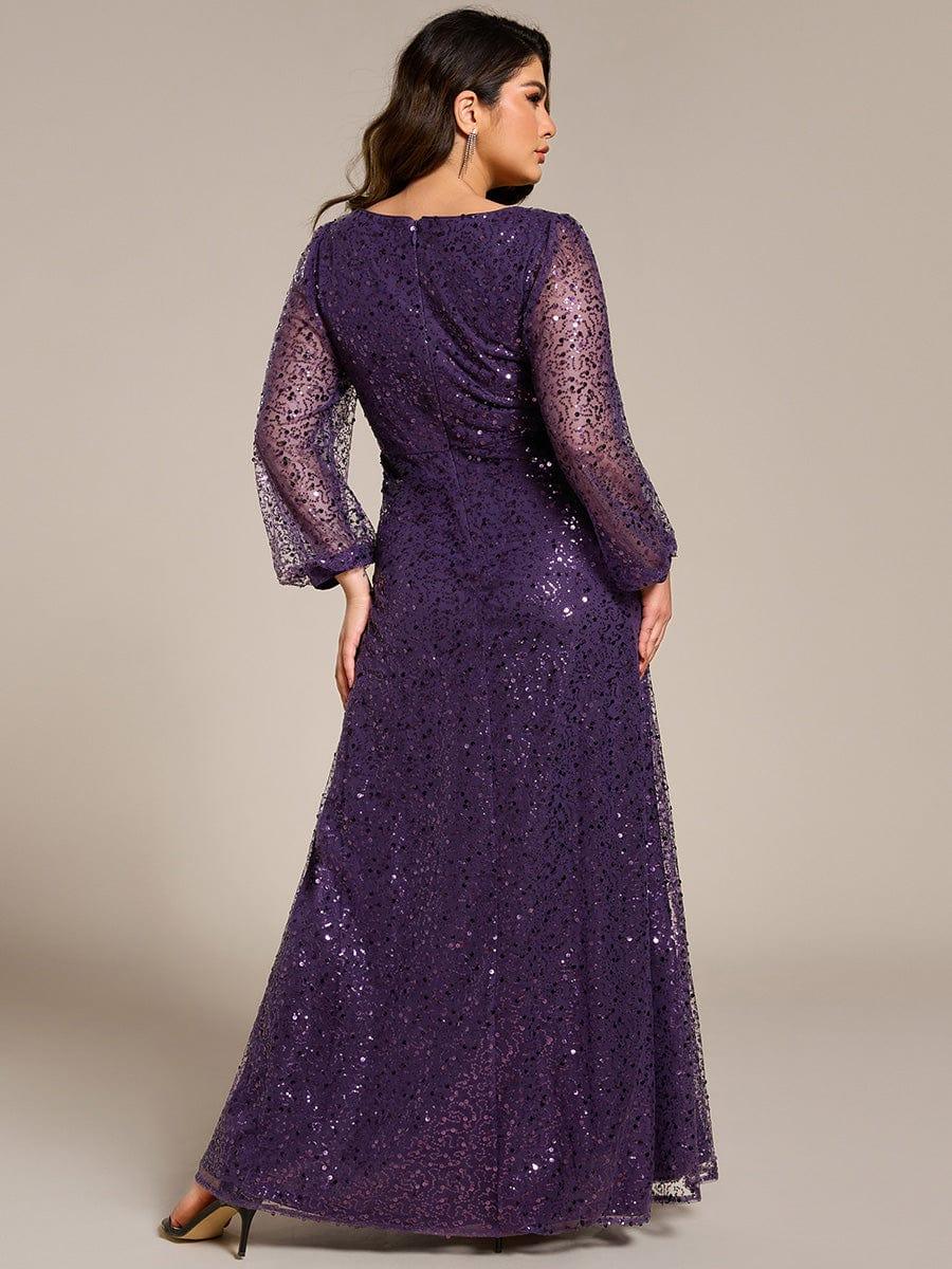 ever RAYVEN|Shimmering All Over V-Neck Long Lantern Sleeve Sequin A-Line Evening Dress