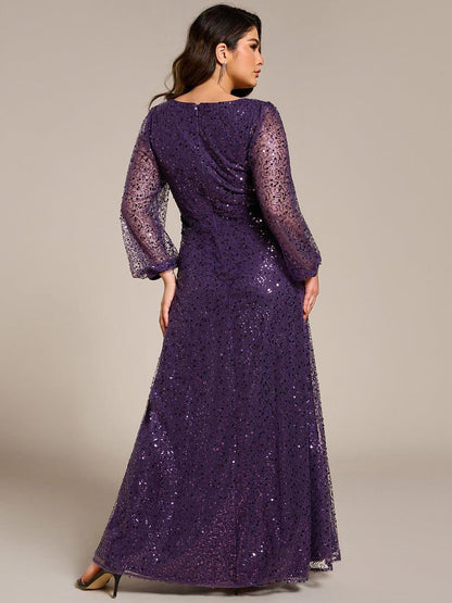 ever RAYVEN|Shimmering All Over V-Neck Long Lantern Sleeve Sequin A-Line Evening Dress