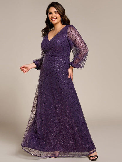 ever RAYVEN|Shimmering All Over V-Neck Long Lantern Sleeve Sequin A-Line Evening Dress