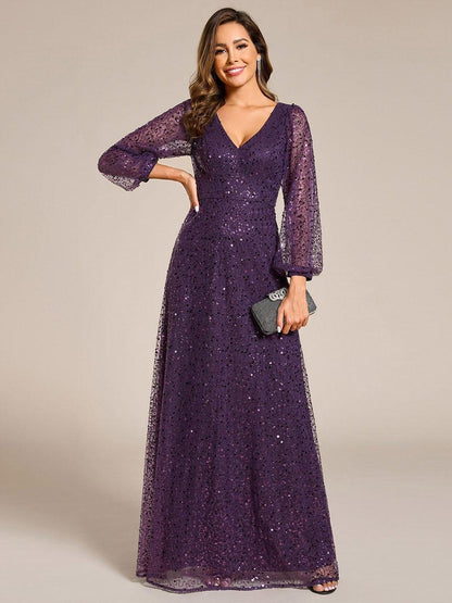 ever RAYVEN|Shimmering All Over V-Neck Long Lantern Sleeve Sequin A-Line Evening Dress