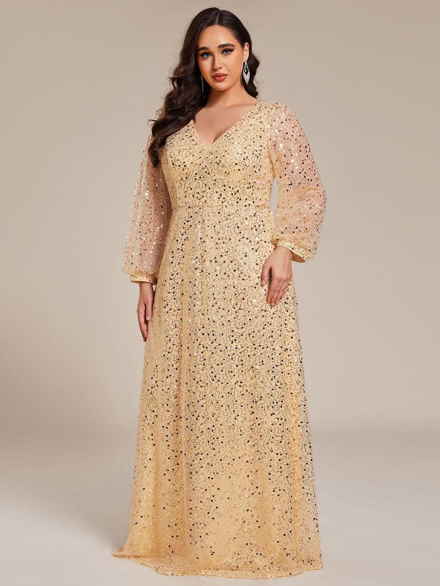 ever RAYVEN|Shimmering All Over V-Neck Long Lantern Sleeve Sequin A-Line Evening Dress